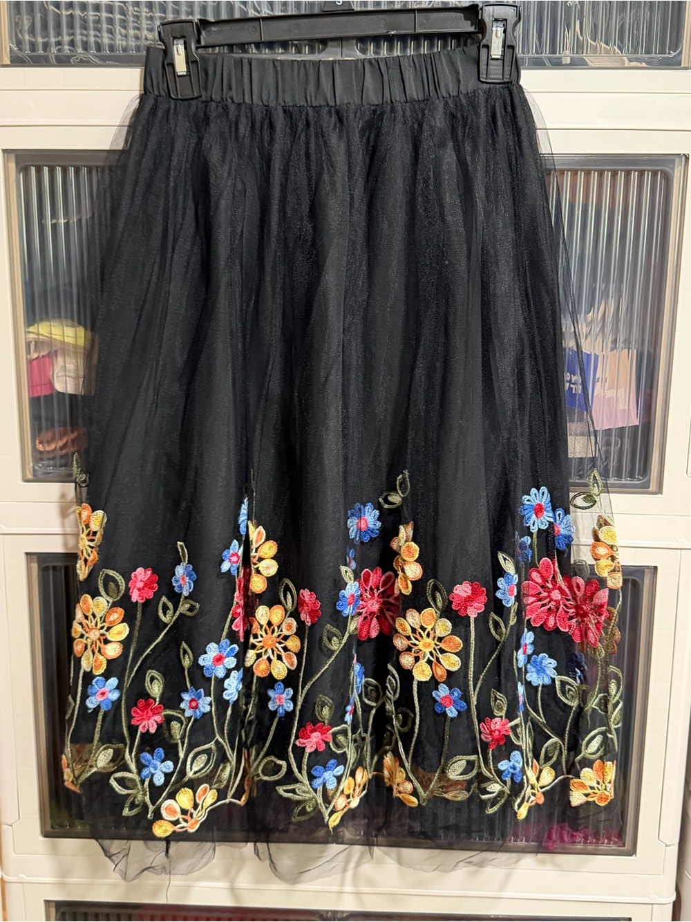 SHEIN Black Tulle Midi Skirt with Multicolor Floral Embroidery